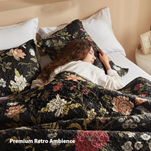 Black Floral California King Quilt Set - 3 Pieces Summer Boho Bedspread & Pillowcases