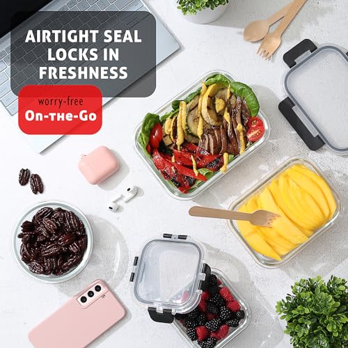Black Glass Food Storage Containers Set - 24 Pack with Airtight Lids, Meal Prep & Freezer Safe