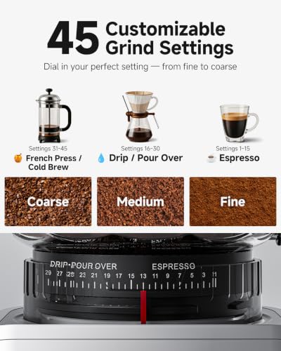 AAOBOSI Coffee Grinder 45 Grind Settings Anti-Static 40s Timer for Espresso & Brew