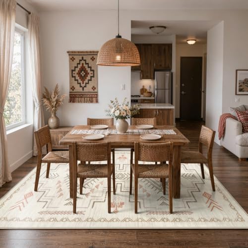 Brown 8x10 Area Rug - Tribal Aztec Moroccan Pattern, Non-Slip & Washable