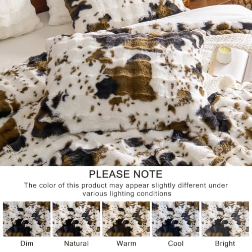 Faux Rabbit Fur Bubble Comforter Set Queen with Cow Print - 3 Pieces