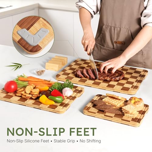 Set of 3 Wooden Checkered Cutting Boards with Holder - Non-Toxic Bamboo Kitchen Chopping & Serving Platters