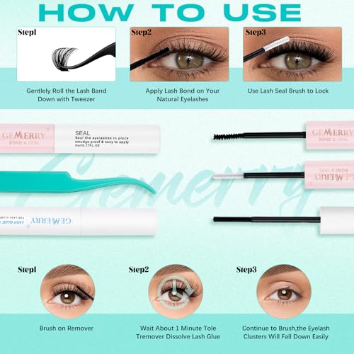 GEMERRY Lashes Clusters Kit Thick Lash Clusters 3 Styles 840Pcs Fluffy Lash Clusters Kit with Waterproof Bond and Seal Remover Tweezers for Beginners(60D+80D+100D)