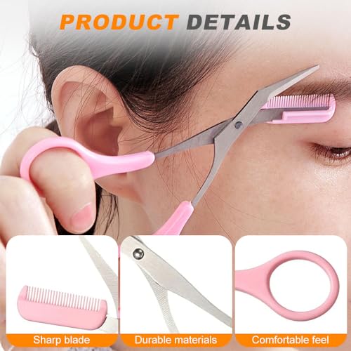 Eyebrow Trimmer Scissor, Stainless Steel 2 in 1 Eyebrow Scissors with Comb, Non-Slip Professional Eyebrow Trimmer Eyebrow Scissor Makeup Tool for Wome Men (Pink)