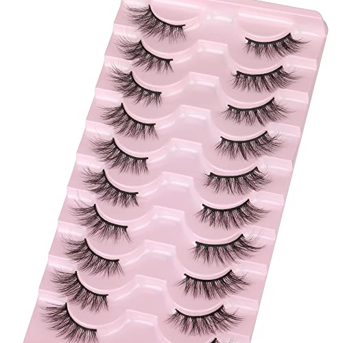 Lashes False Wispy Eyelashes Natural Volume Cat Eye Lash Strips Thick Fake Mink Eyelash Pack Natural Looking Fluffy Full Strip Lashes Set Clear Band Easy Eyelashes for Beginners