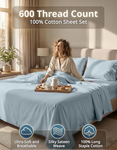 Queen Cotton Sheet Set 600TC Silky Sateen Weave French Blue - 4 Piece