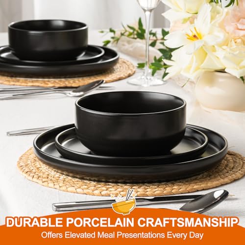 Ceramic Dinnerware Set 24 Pieces - Black Stoneware Plates & Bowls, Dishwasher & Microwave Safe