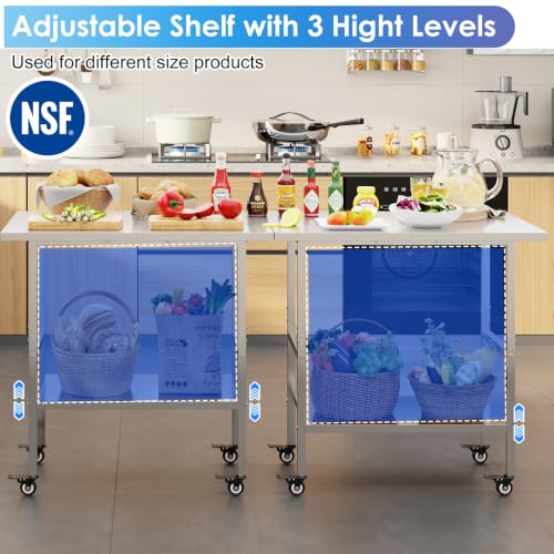 Stainless Steel Mobile Prep Table with Adjustable Shelf & Lockable Casters