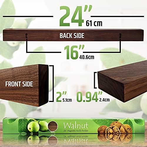 24 Inch Dark Walnut Magnetic Knife Holder - Wall Mount Kitchen Organizer - Upgraded Strong Magnets