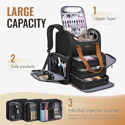Mancro Hairstylist Travel Bag, 2-Layer Cosmetology Bag with 3 Separate Pouches and 2 Side Pockets, Professional Barber Bag Backpack with Adjustable Dividers for Cosmetology Supplies,Black