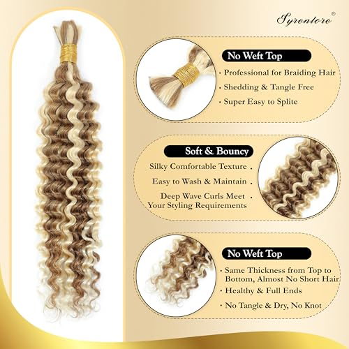 Syrenlore 14 Inch Deep Wave Bulk Human Hair for Boho Braids - Multi Blonde Highlights, 50g