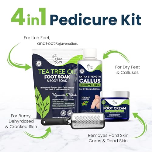 FOOT CURE Exfoliator & Callus Remover Pedicure Set ? Care Kit Includes File for Dead Skin, Tea Tree Oil Soak Salts, Urea Cream 40 Percent Removal Gel Made in USA, Ivory, 4 Piece