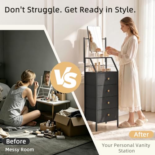 HIGDBFE Black Vanity Dresser with Adjustable Mirror, 4 Drawers, 15.3" W, 58" Height