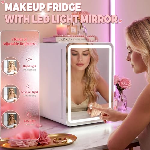White 16L Skincare Fridge with LED Mirror & Dimmable Light – Small Makeup Cooler