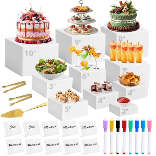 Cherizia 10-Piece White Acrylic Buffet Risers Set with Mini Sign Tongs & Cake Cutter - 3 to 10 Inch Variations