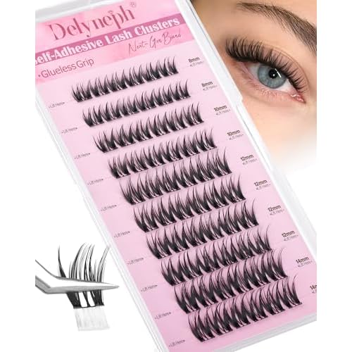 Self Adhesive Eyelashes Wispy Self Adhesive Lash Clusters Natural Clear Band Eyelash Clusters 8-14mm Short Cluster Eyelash Extensions Pre-Glued Cluster Lashes by Delyneph