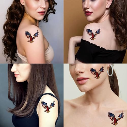 6 sheets Temporary Tattoos for Men and Women Independence day July 4th Patriotic America Flag Eagle Usa Fake Tattoo Kits Sets for Neck Arm Hands Leg