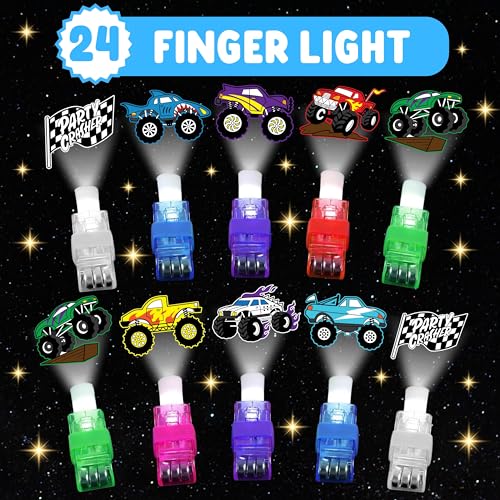 72 PCS Monster Truck Party Favors - 48 PCS Temporary Tattoos & 24 PCS LED Finger Lights Combo - Birthday Goodie Bag Fillers, Light Up Toys, Party Supplies for Kids