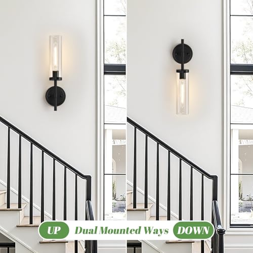 Matte Black & Clear Glass Wall Sconces Set of Two 15.5in Hardwired Bathroom & Living Room Lighting