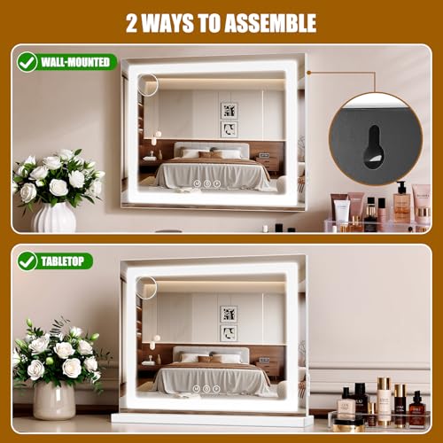 White 23x19 Inch LED Lighted Vanity Mirror with 3 Color Modes & Dimmable Brightness