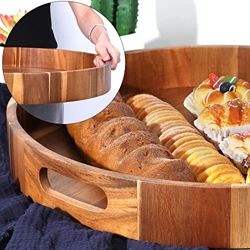 20 Inch Round Acacia Wood Serving Tray - Large Heavy Duty Kitchen & Home Organizer