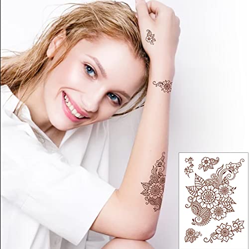 10 Pcs Henna Tattoo Kit Temporary Tattoo Adul Stickers Lace Pattern Fake Tattoos Henna Sticker for Women Girls DIY on Body Face Arms Legs Brown