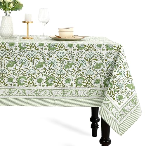 Agate Green Cotton Tablecloth 70x108 Inch Rectangular Hand Block Print