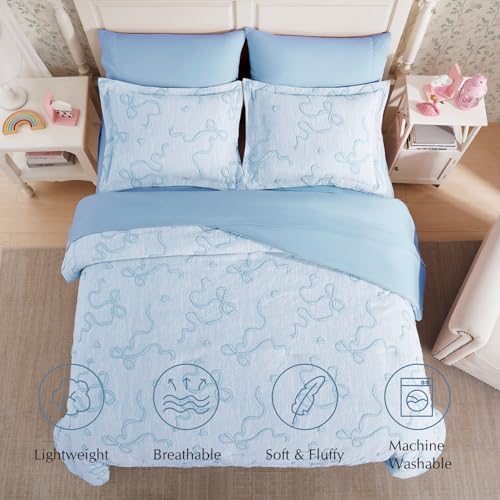 Light Blue Queen Comforter Set with Bow Tufted Design, 7 Pieces - Girls Bedding