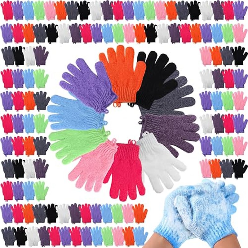100 Pcs Exfoliating Gloves Bulk for Shower Body Double Sided Gloves Exfoliating Bath Mitt with Hanging Loop Bath for Women Men Bathing Skin Scrubber Accessories Beauty Spa (Multicolor)