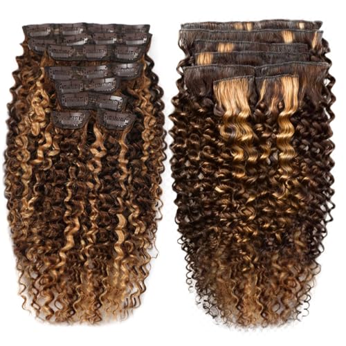 Highlight P4/27 Dark Brown to Honey Blonde Kinky Curly Clip-In Hair Extensions 14 Inch - 8Pcs, Human Hair, Brazilian Remy, Double Weft