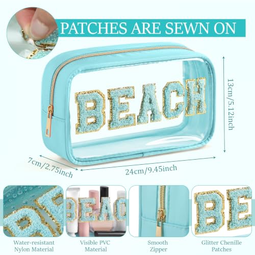 4 Pcs Beach Travel Toiletry Bags with Zipper - Clear Chenille Letter Pouch Set for Women - Purple, Pink, Blue, Apricot