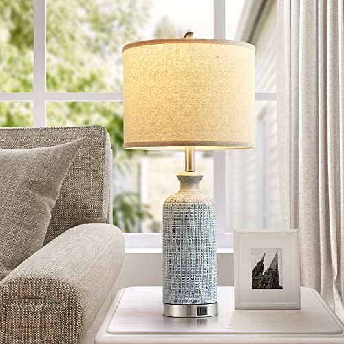 Blue Living Room Lamps Set of 2 - 27 Inch Touch Nightstand Lamps with USB Ports