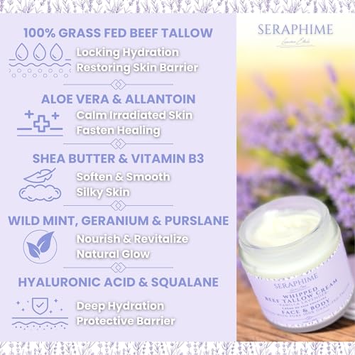Whipped Beef Tallow for Skin Care, Organic Pure Grass Fed Beef Tallow Moisturizer Cream for Face & Body Lotion, Cow Tallow with Niacinamide, Shea Butter & Aloe, Vanilla Lavender 4oz