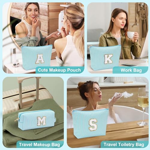 Light Blue Personalized Initial Makeup Bag for Girls 10-12 - Cosmetic & Travel Toiletry Bag