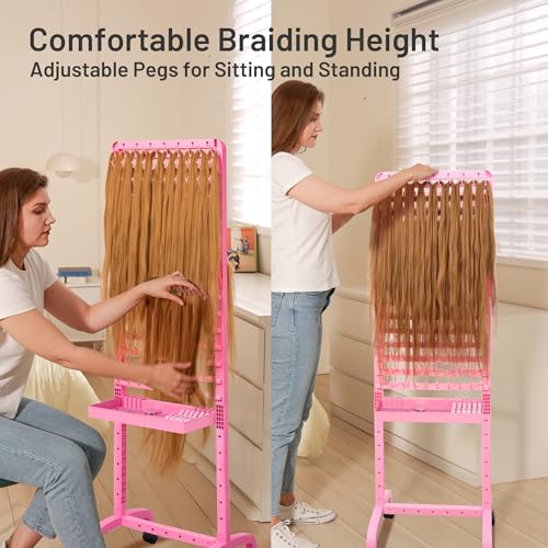 Yumkfoi Pink Adjustable 280 Peg Braiding Rack with Tray & Tools for Hair Styling