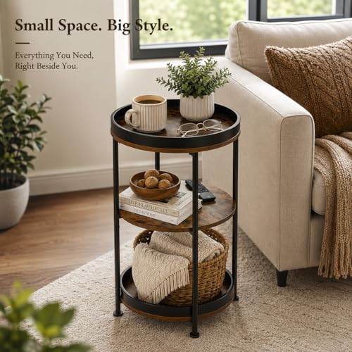 Dulcii Rustic Brown Round Side Table with 3 Storage Shelves - Classic Variation