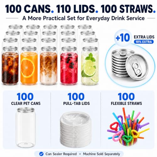 11.2 oz Plastic Can Cups with Lids - 100 Pack, Clear PET Beverage Containers
