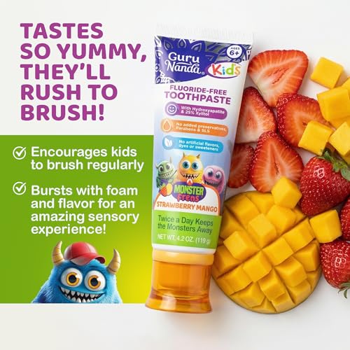 Kids Fluoride-Free Strawberry Mango Toothpaste with Hydroxyapatite & Xylitol - Pack of 6, 4.2 oz