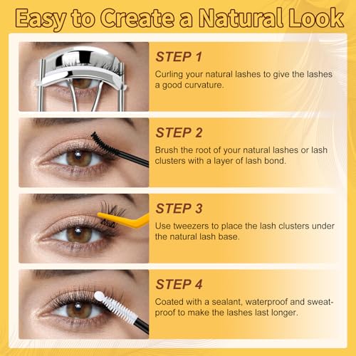 QUEWEL DIY Lash Extension Kit, Wispy Lash Clusters Kit D Curl 10-16mm Lash Clusters Natural Look Super Thin Band Cluster Lashes Kit 120 PCS with Lash Bond and Seal and Lash Tweezers(Feather 01 Kit)