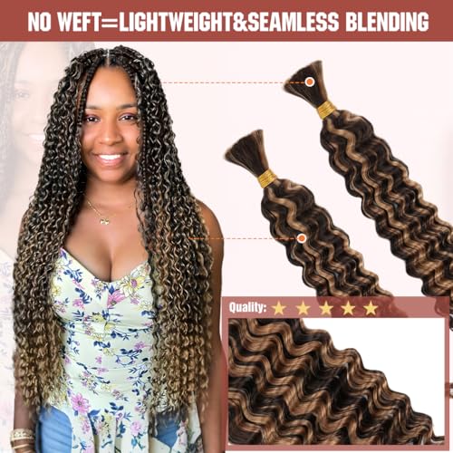 Deep Wave Human Braiding Hair - 14 Inch Highlight Balayage, 40G, No Weft - Boho Knotless Braids Variation P4/27