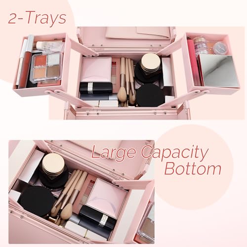 Makeup Train Case 2 Trays Makeup Box Organizer Portable Travel Makeup Case Lockable Makeup Storage Organizer Cosmetic Box for Jewelry Nail Tech Brushes Accessories Tool, Pink