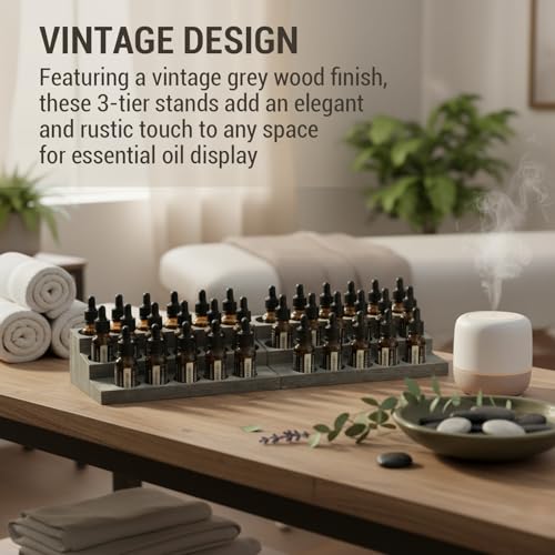 MyGift Set of 2 Vintage Gray Wood 3-Tier Essential Oil Display Stands, Countertop Organizer Rack for 17 Bottles Each