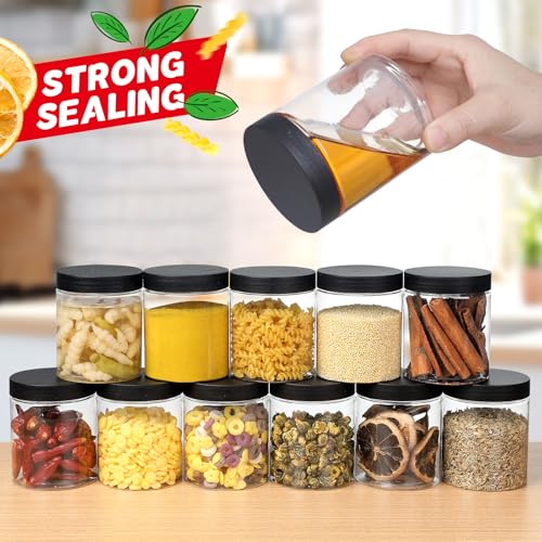 48 pcs 8 oz Plastic Jars with Black Screw-On Lids - Airtight Food Storage