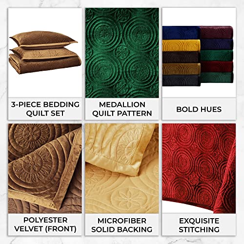 Queen Burgundy Velvet Quilt Set - Capri Medallion Luxury Bedding