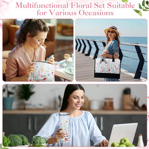 Hosuly 3 Pcs Floral Canvas Tote Bag Vintage Flower Makeup Pouch Wildflower Travel Tumbler for Women Teacher Birthday Wedding
