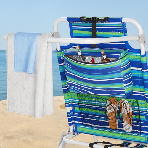 Tall Backpack Beach Chair with Wooden Armrests, 17" Seat Height, 5 Reclining Positions - Blue & Green Variation
