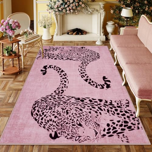 OJIA Pink Leopard Print 5x7 Washable Area Rug for Living Room, Soft & Non-Slip