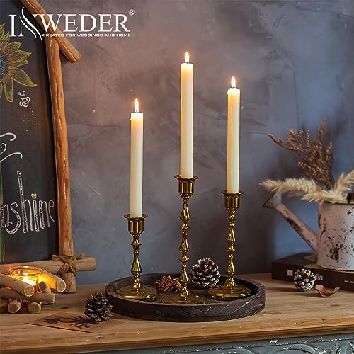 Gold Brass Taper Candle Holders Bulk - 5 Sets (15 Pcs) Vintage Bamboo Design
