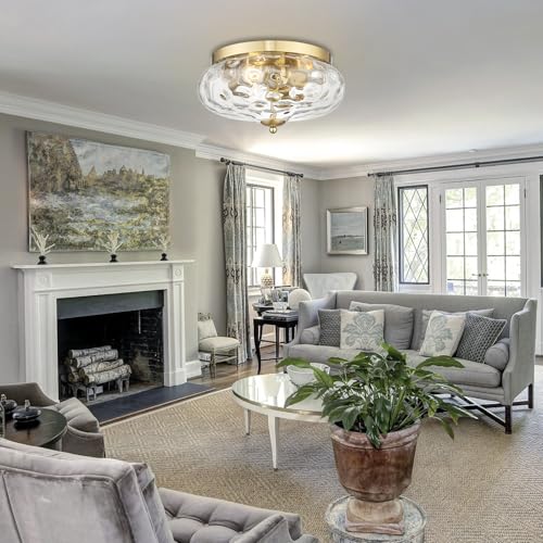 Large Gold Flush Mount Ceiling Light with Water Ripple Glass Shade, 13.38 Inch