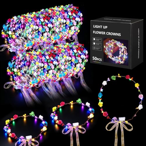 Chicloop 50 pcs LED Flower Crowns Headbands with Ribbons for Women & Kids